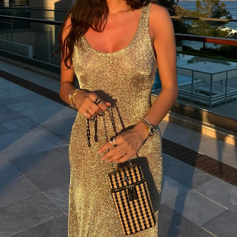 197 Glitter Sleeveless Elegant Midi Solid Women'S Dresses 2023 Summer Evening Casual Party Club Prom Lady American Clothing