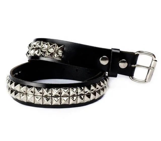 Black Leather Belt w/ 2 Rows of Silver Pyramid Studs