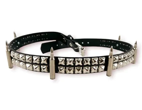 Black Leather Belt w/ Two Rows of Silver Pyramid Studs and .223 Bullet Shells