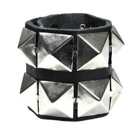 Black Leather Bracelet w/ 2 Rows of XL Silver Pyramid Studs