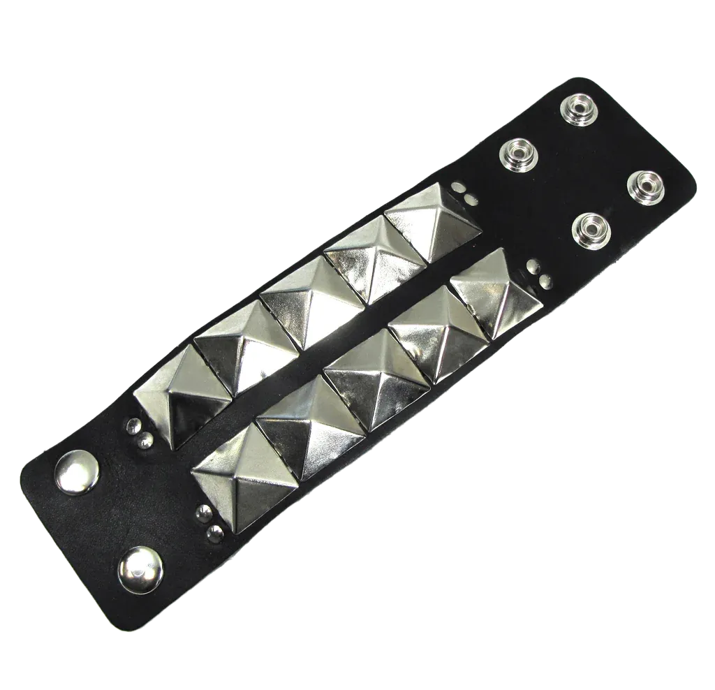 Black Leather Bracelet w/ 2 Rows of XL Silver Pyramid Studs