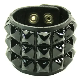 Black Leather Bracelet w/ 3 Rows of Black Pyramid Studs