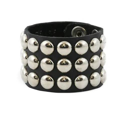 Black Leather Bracelet w/ 3 Rows of Round Silver Studs