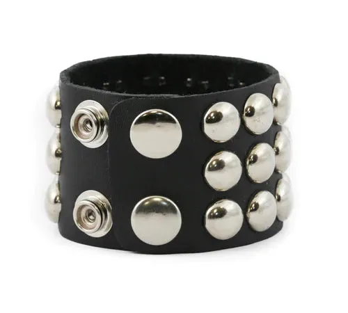 Black Leather Bracelet w/ 3 Rows of Round Silver Studs