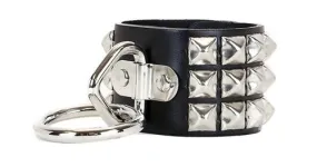 Black Leather Bracelet w/ 3 Rows of Silver Pyramid Studs and Ring