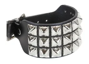 Black Leather Bracelet w/ 3 Rows of Silver Pyramid Studs