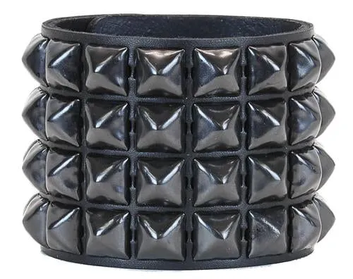 Black Leather Bracelet w/ 4 Rows of Black Pyramid Studs