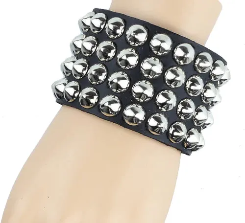 Black Leather Bracelet w/ 4 Rows of Silver Conical Studs