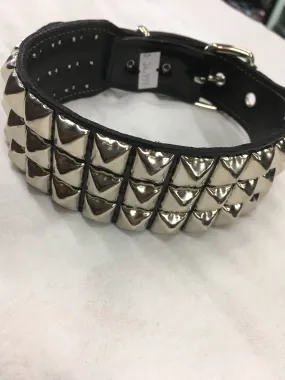 Black Leather Collar w/ 3 Rows of  Silver Pyramid Studs