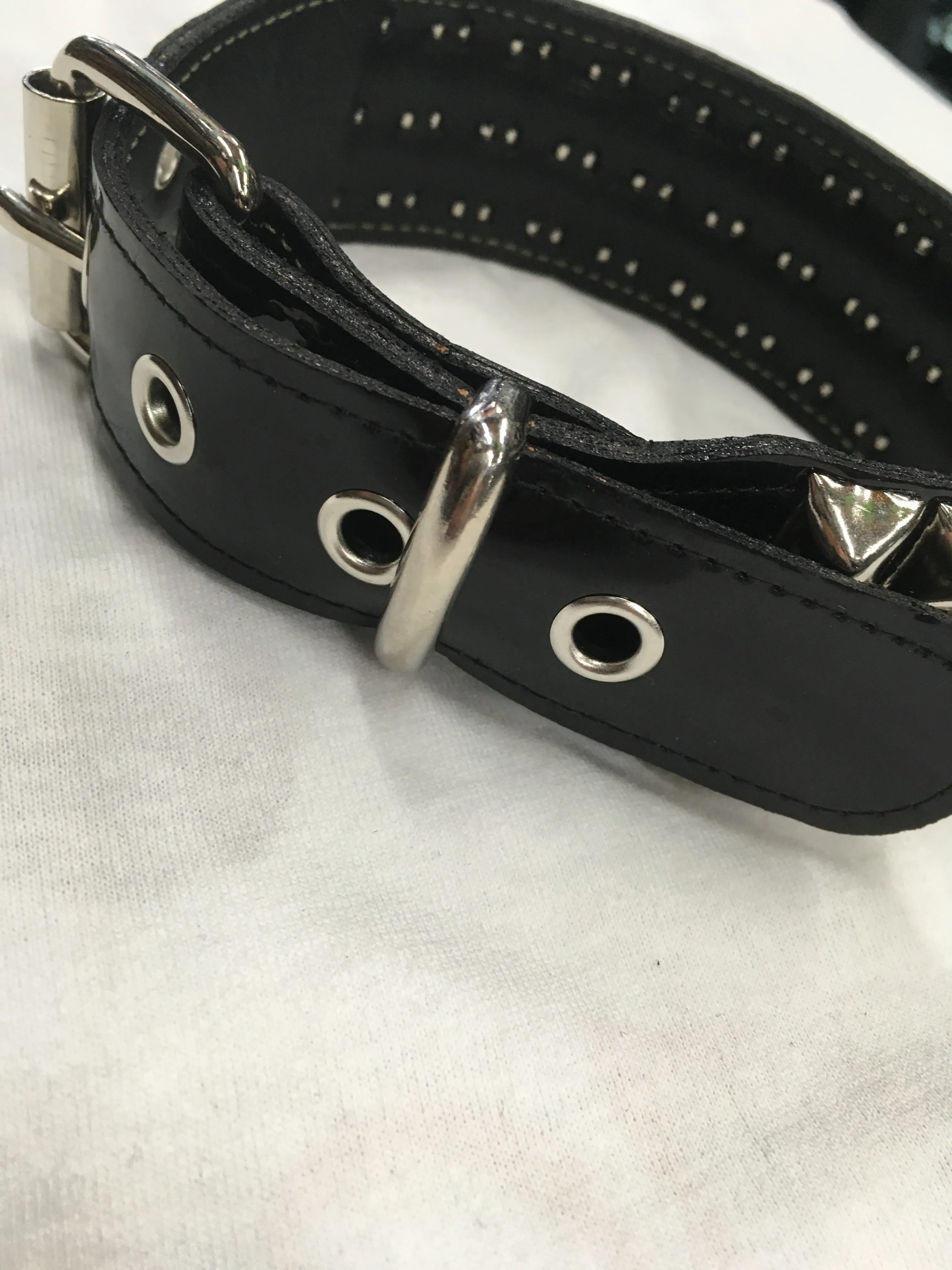 Black Leather Collar w/ 3 Rows of  Silver Pyramid Studs