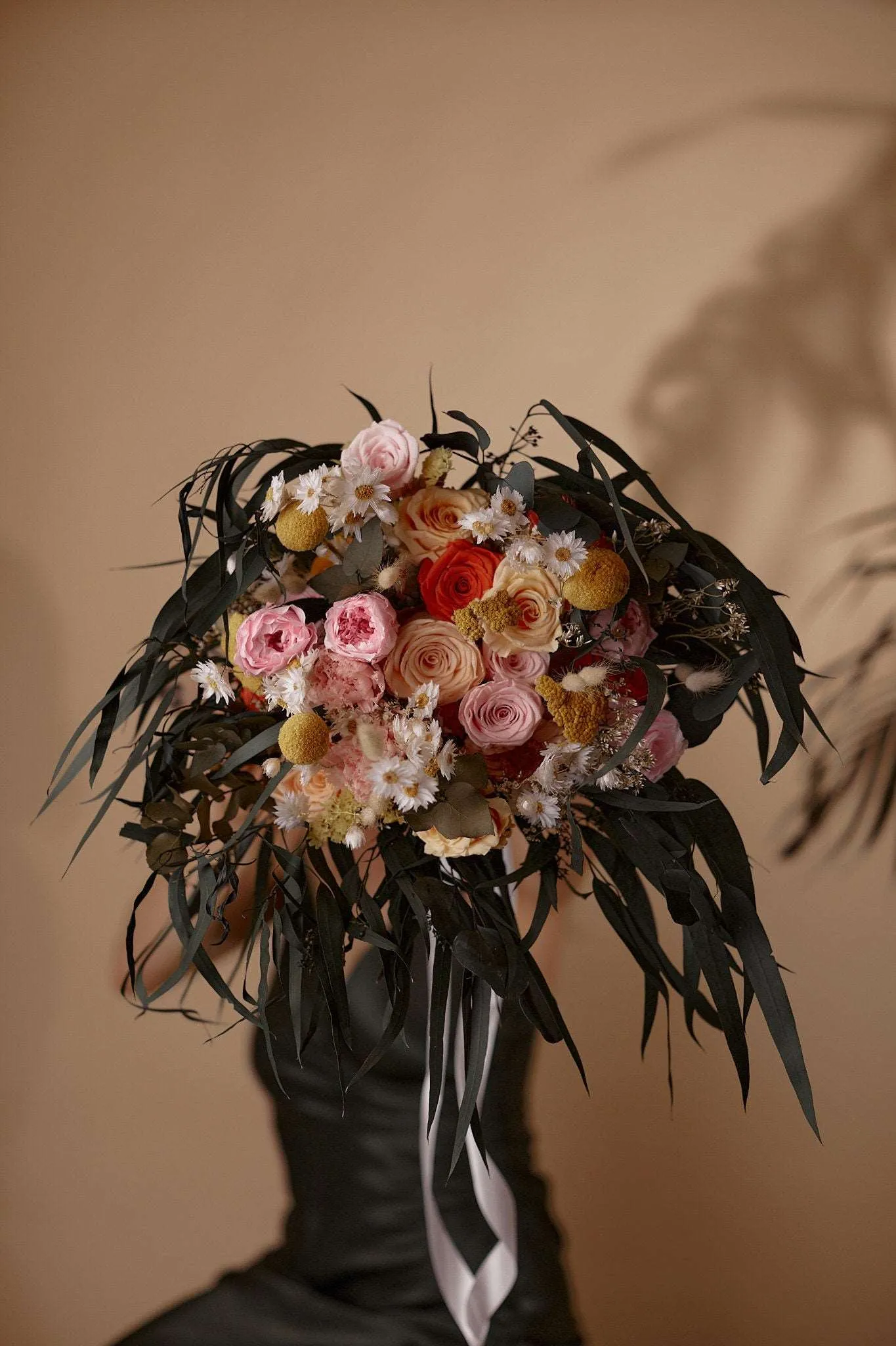 Colourful Dried Flowers Bridal Bouquet - Forest Green & Peach