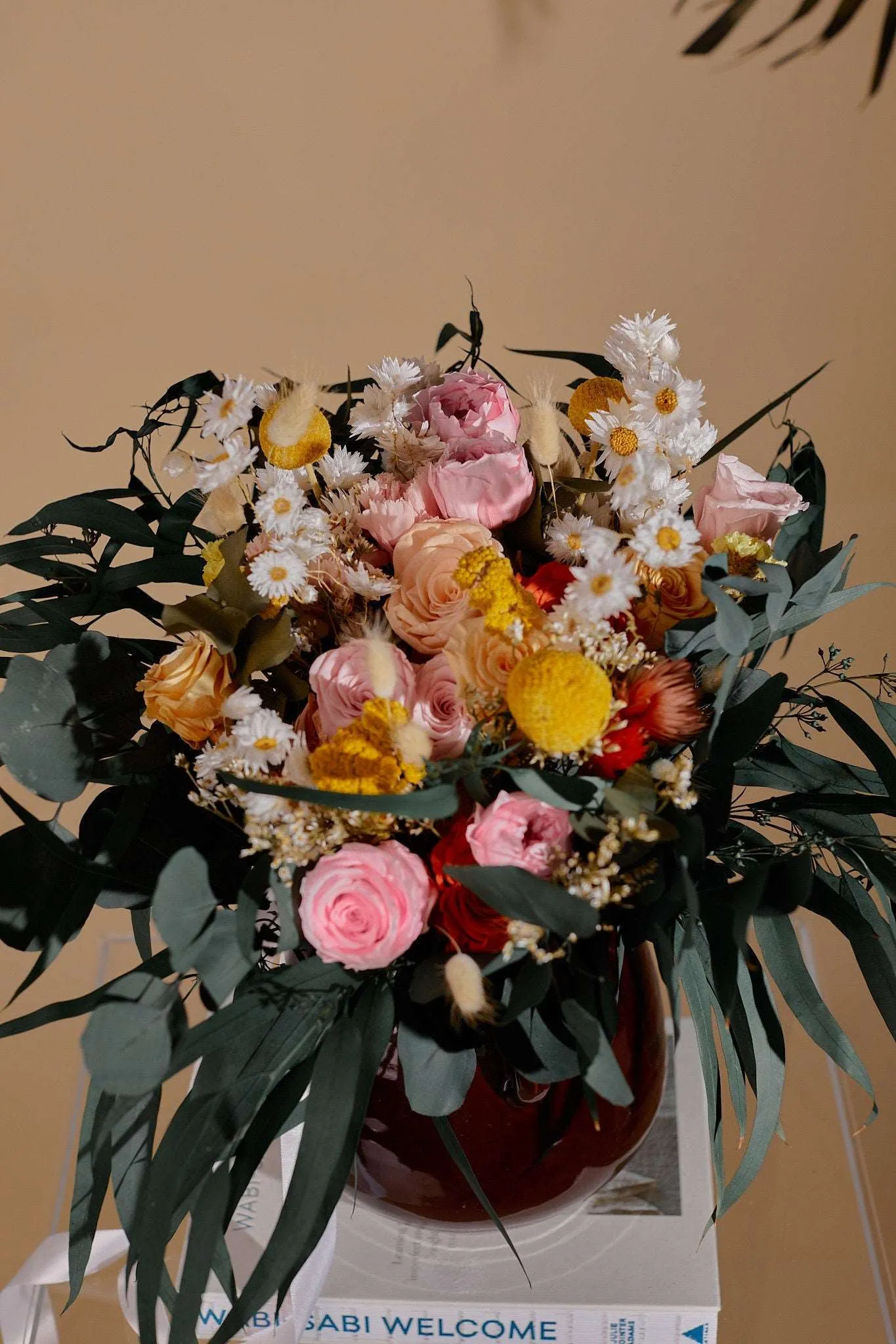 Colourful Dried Flowers Bridal Bouquet - Forest Green & Peach