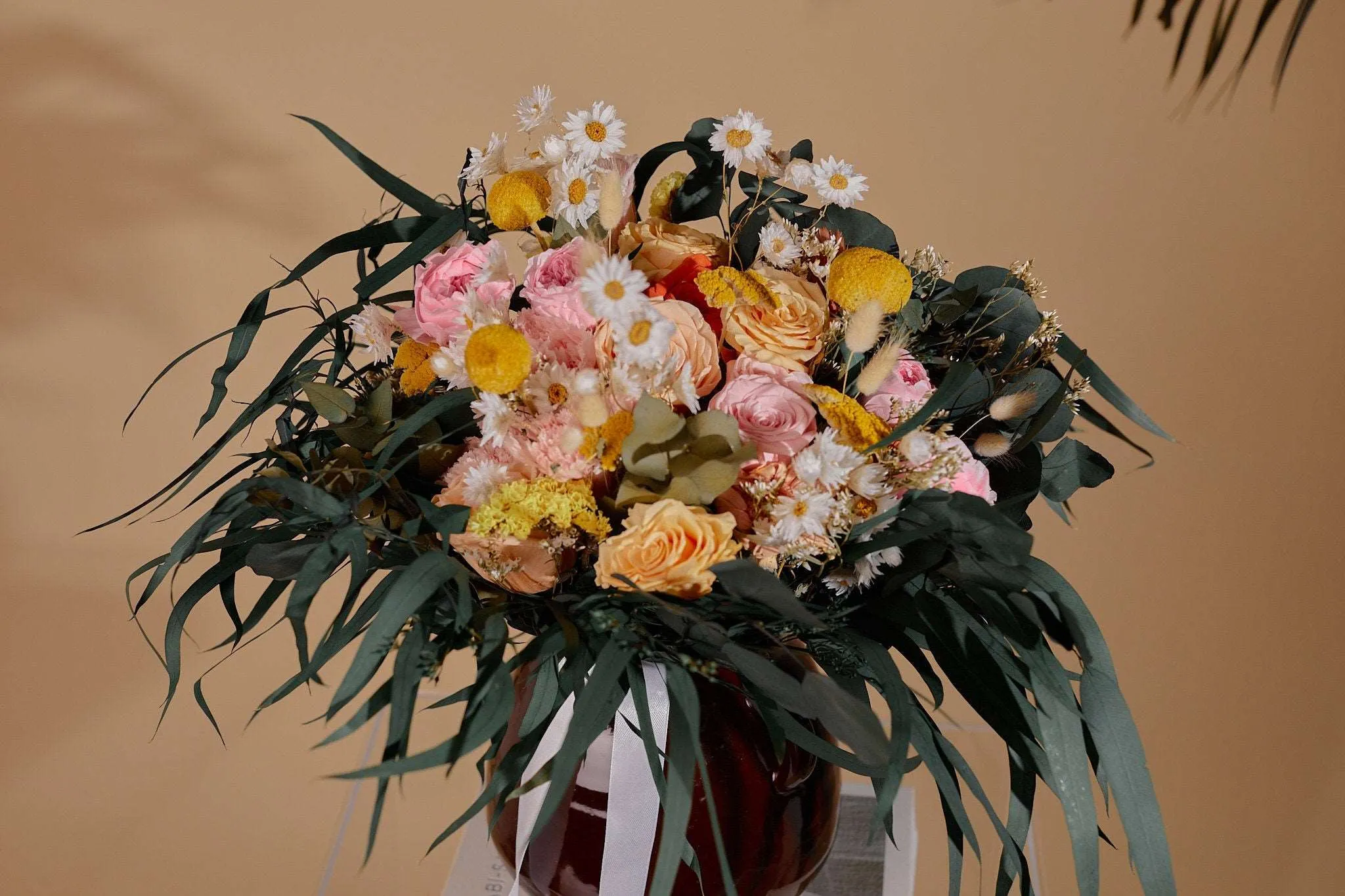 Colourful Dried Flowers Bridal Bouquet - Forest Green & Peach