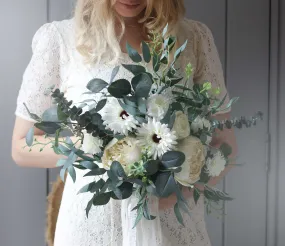 Dried & Artificial Flowers Bridal Bouquet - Forest Green & White No. 1