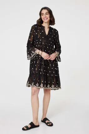 Embroidered 3/4 Sleeve Knee Length Dress