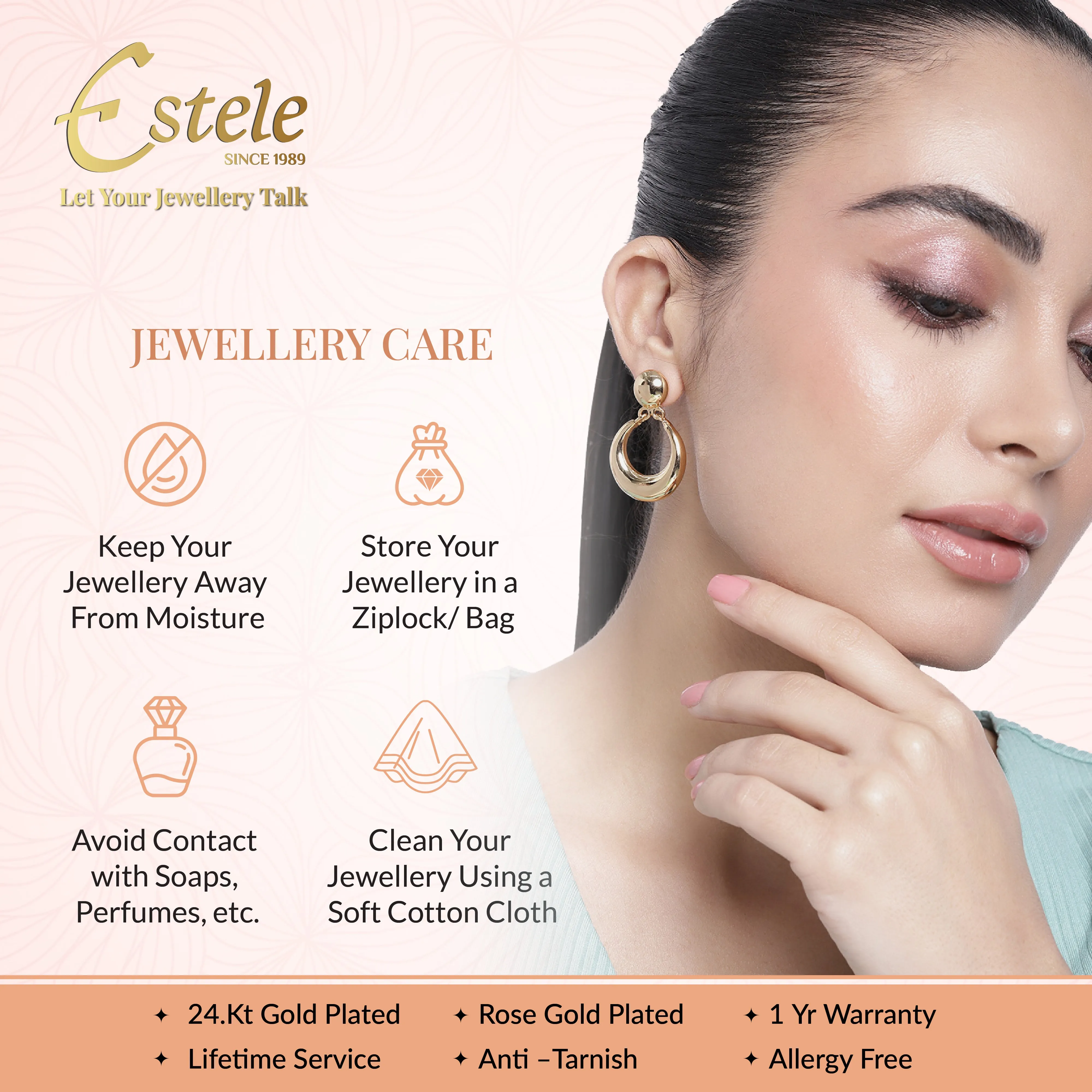 Estele 24 Kt Gold Plated American Diamond Necklace with Earrings Jewellery for Women & Girls