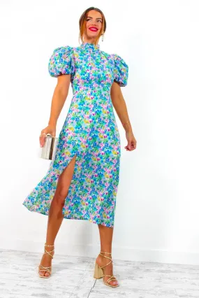 Got The Flower - Blue Lilac Floral Print Midi Dress