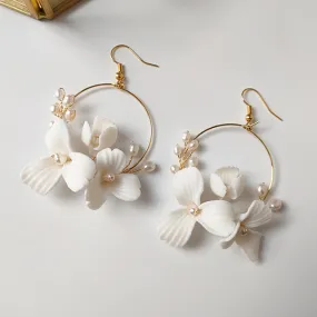 Jinelle Ceramic Floral Hoop Freshwater Pearl Earrings