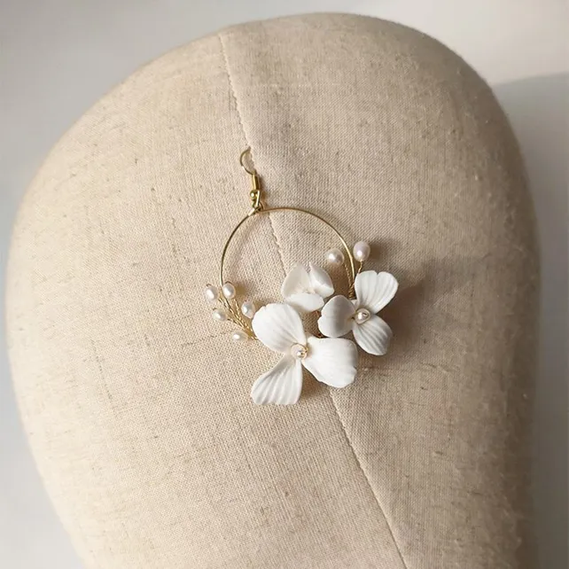 Jinelle Ceramic Floral Hoop Freshwater Pearl Earrings