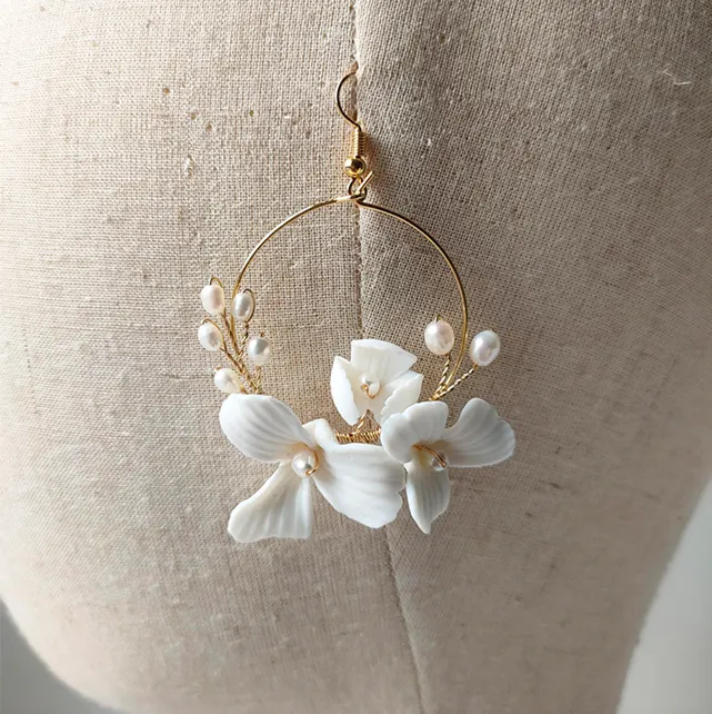 Jinelle Ceramic Floral Hoop Freshwater Pearl Earrings