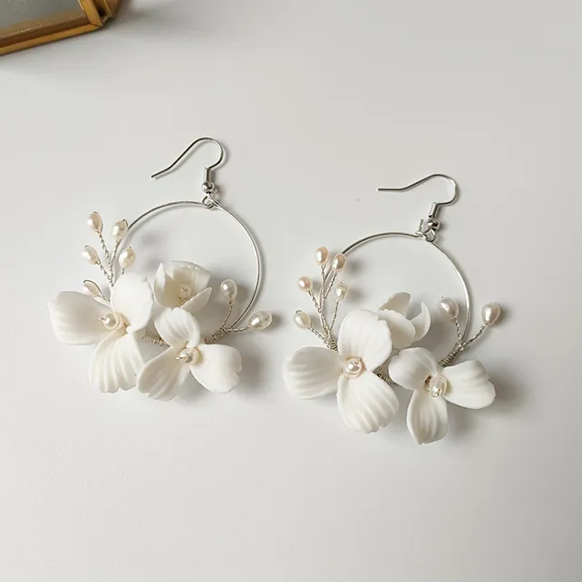 Jinelle Ceramic Floral Hoop Freshwater Pearl Earrings