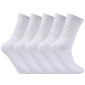 Laulax 5 Pairs Finest Combed Cotton Cushioned Arch Support White PE Sport Socks, 3-18 Years