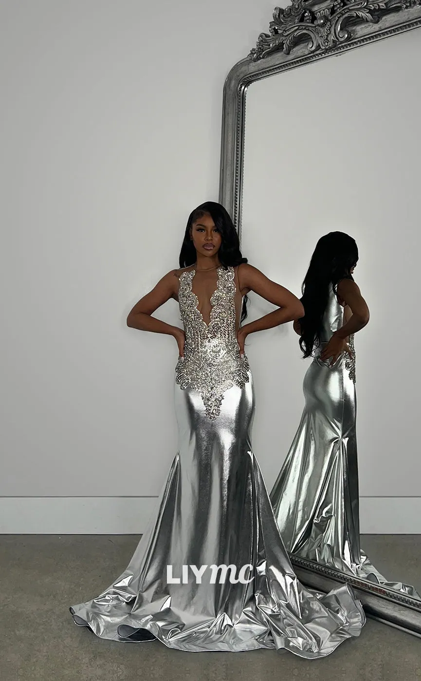 LP1268 - V-Neck Beaded Sparkly Mermaid Prom DressesProm Dresses for Black Girls Classy