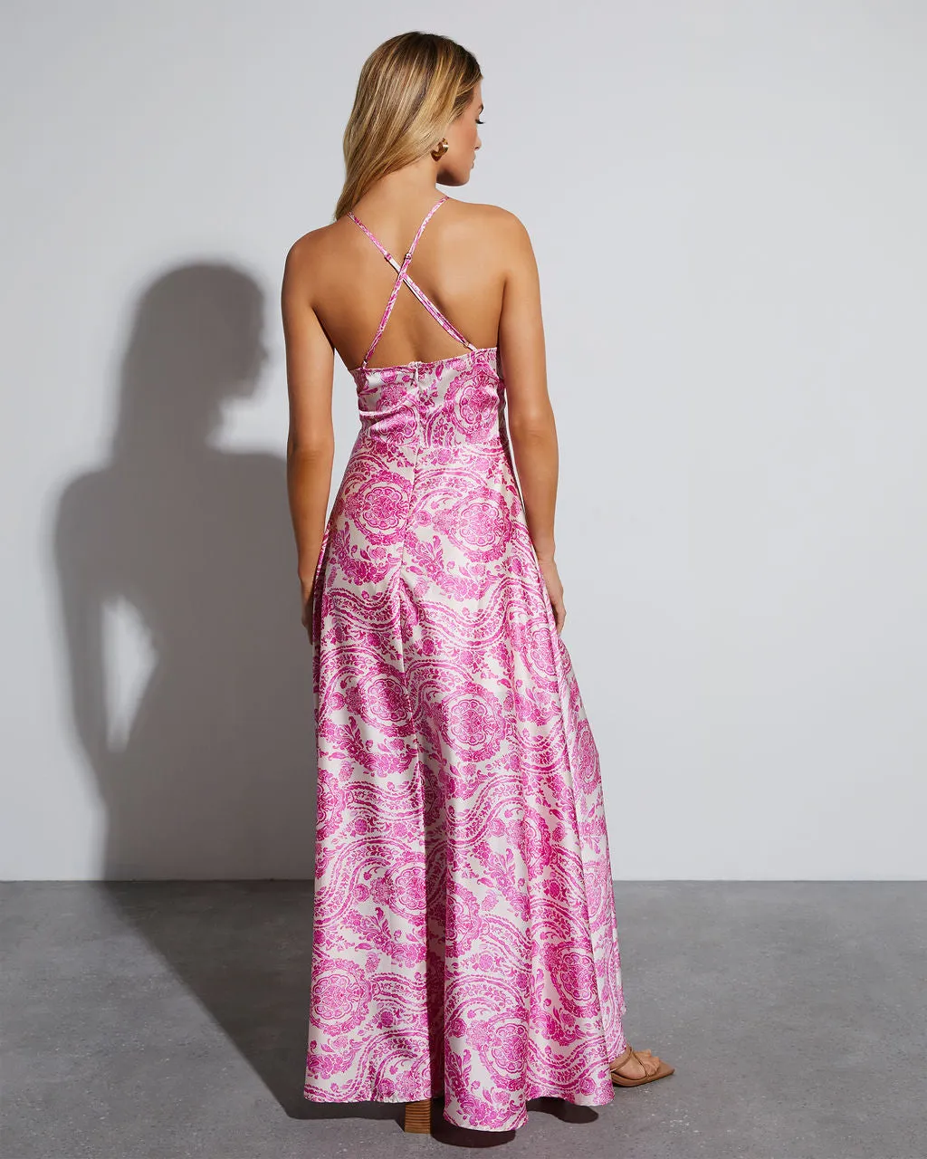 Maxine Satin Paisley Halter Maxi Dress