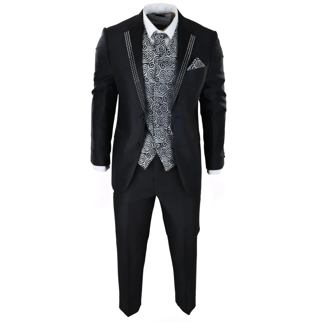 Men's Wedding 3 Piece Black Suit Silver Cravat Waistcoat Groom Bestman