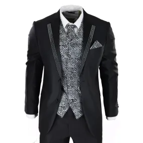 Men's Wedding 3 Piece Black Suit Silver Cravat Waistcoat Groom Bestman