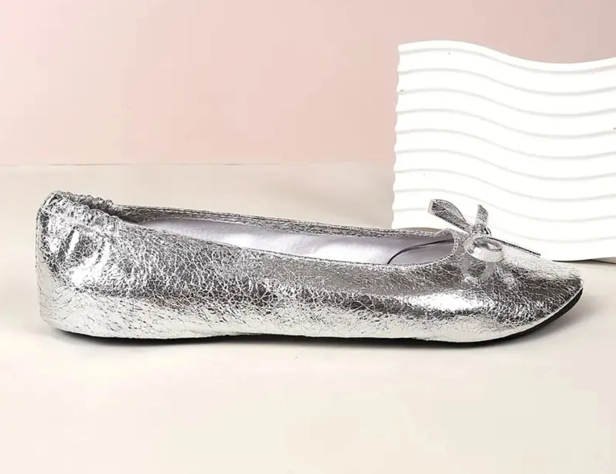 Metallic Pink “Portable Feet Savers” Women's Metallic Flat Shoes, Casual Slip On   Carry Along Bag