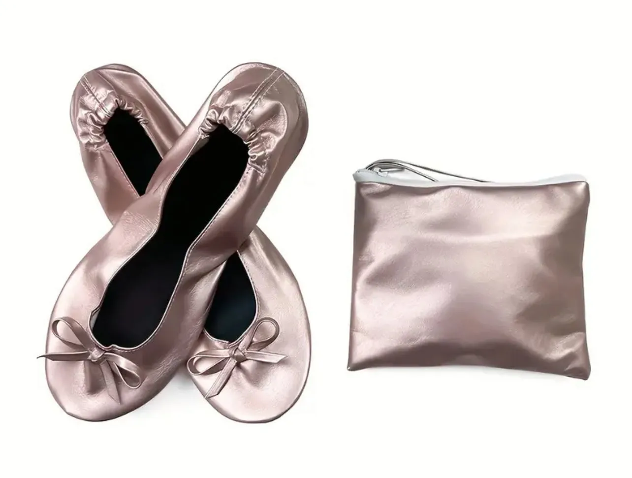 Metallic Pink “Portable Feet Savers” Women's Metallic Flat Shoes, Casual Slip On   Carry Along Bag