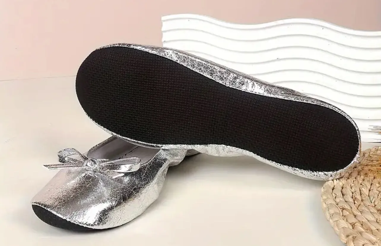 Metallic Pink “Portable Feet Savers” Women's Metallic Flat Shoes, Casual Slip On   Carry Along Bag