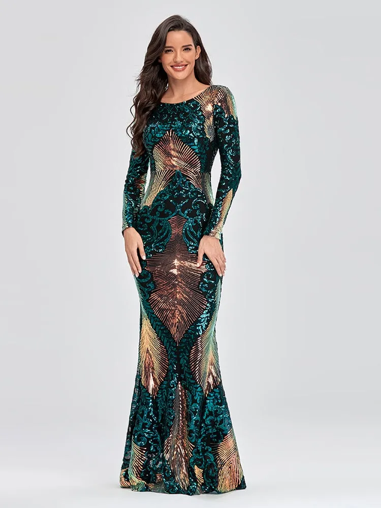 O-neck Long-Sleeve Shinning Sequins Evening Dresses Backless Mermaid Party Gowns Maxi Elegant Multi Female Robes Vestidos