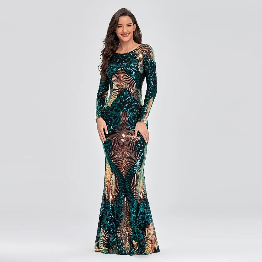 O-neck Long-Sleeve Shinning Sequins Evening Dresses Backless Mermaid Party Gowns Maxi Elegant Multi Female Robes Vestidos