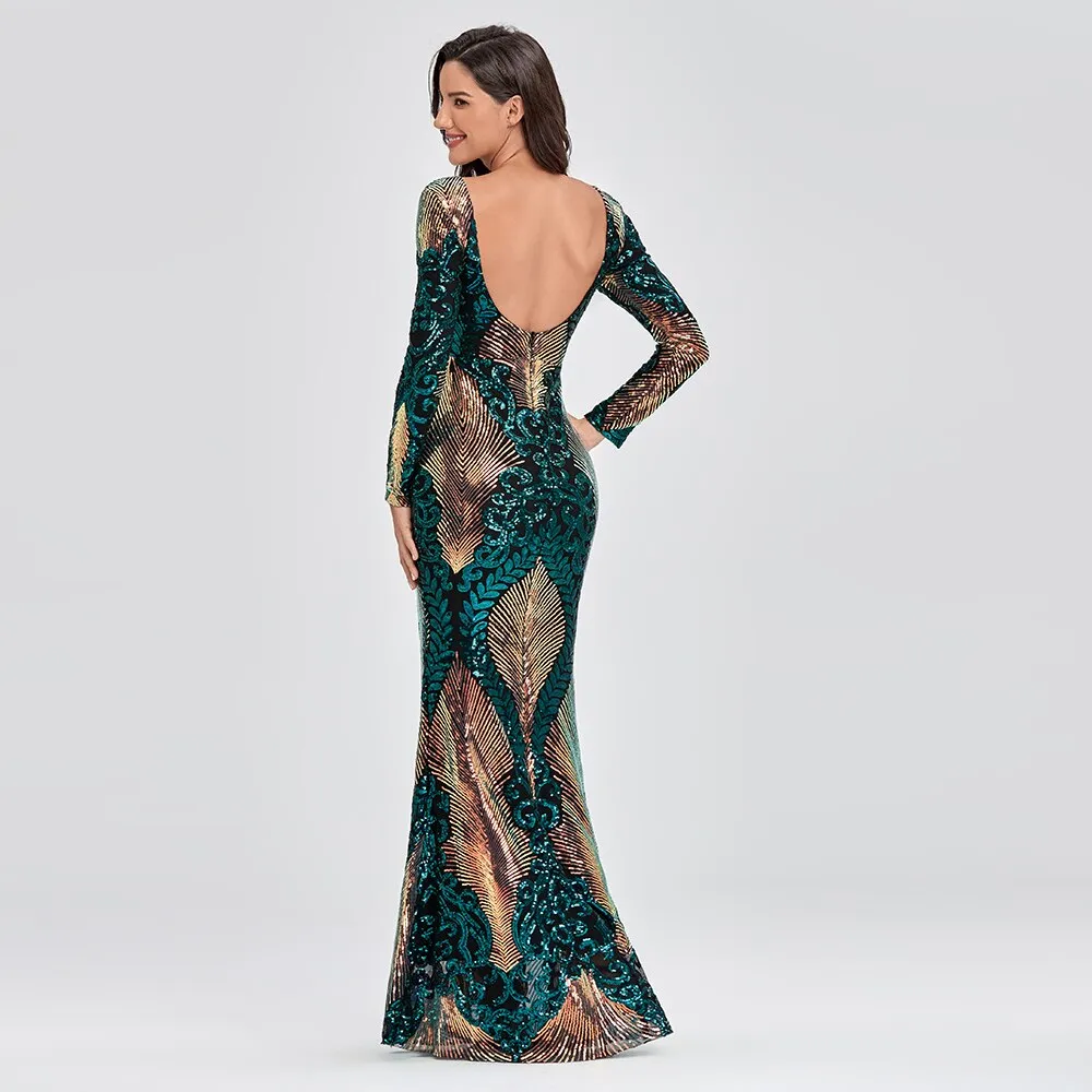 O-neck Long-Sleeve Shinning Sequins Evening Dresses Backless Mermaid Party Gowns Maxi Elegant Multi Female Robes Vestidos