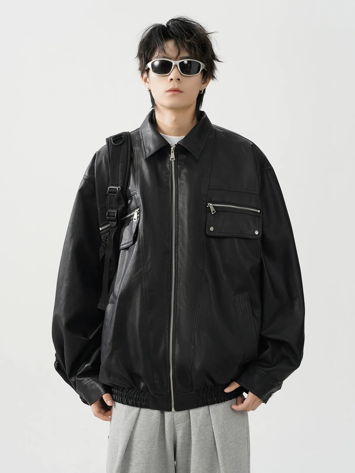 Oversized Leather Collared Bomber Jacket with Zip Pockets