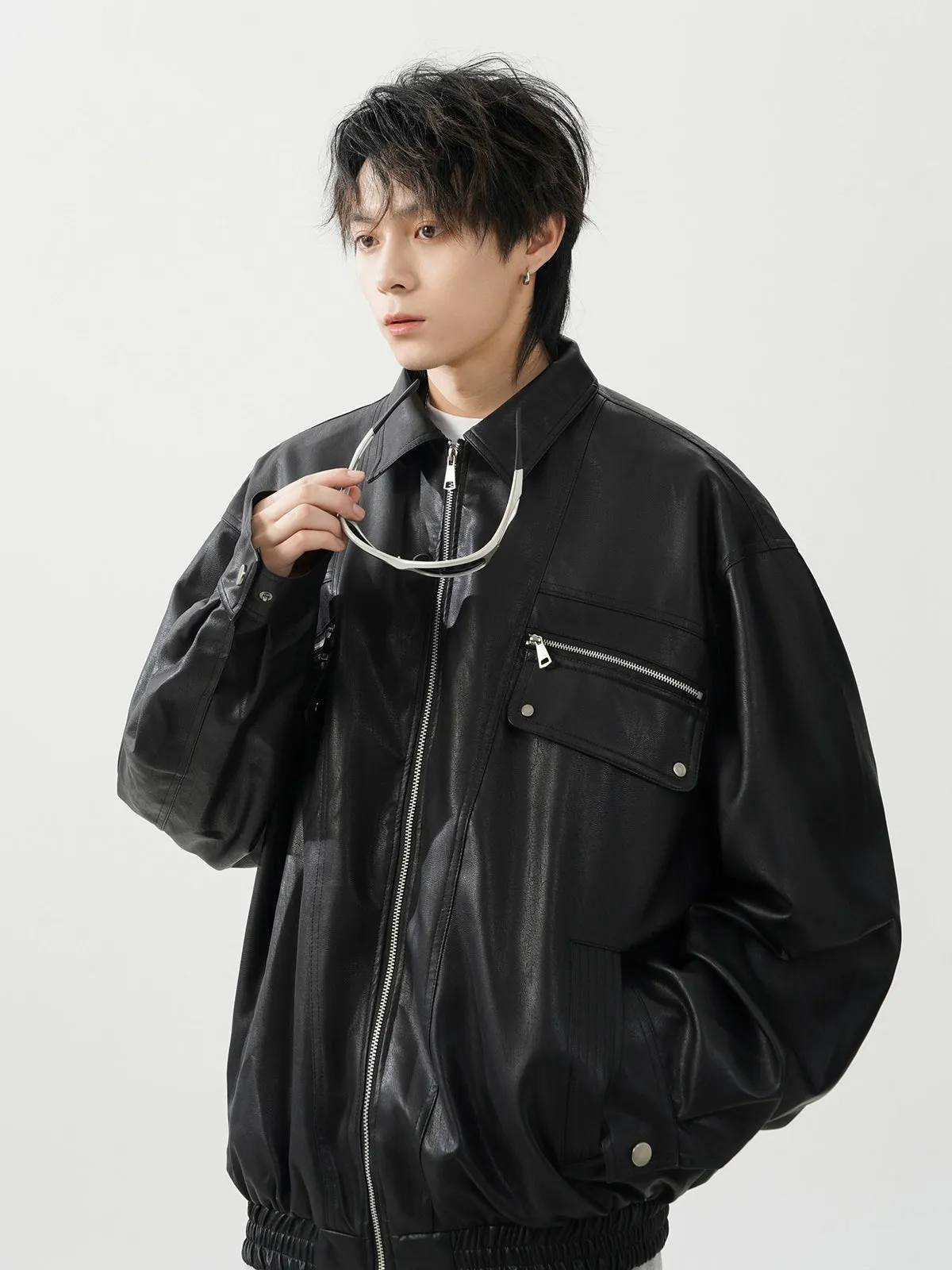 Oversized Leather Collared Bomber Jacket with Zip Pockets