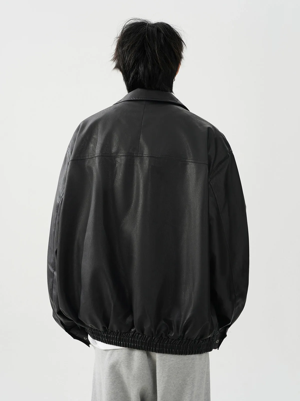 Oversized Leather Collared Bomber Jacket with Zip Pockets