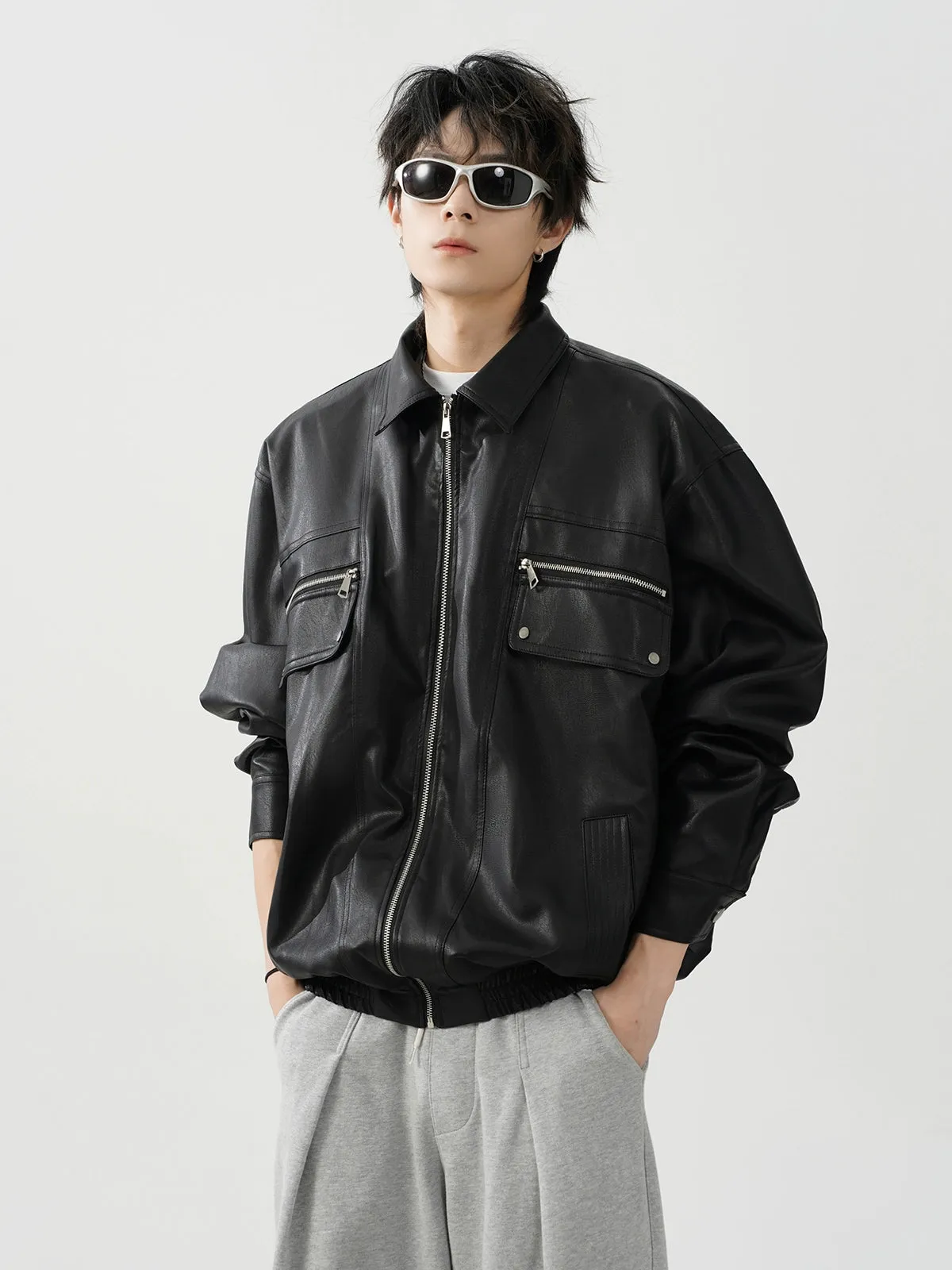 Oversized Leather Collared Bomber Jacket with Zip Pockets