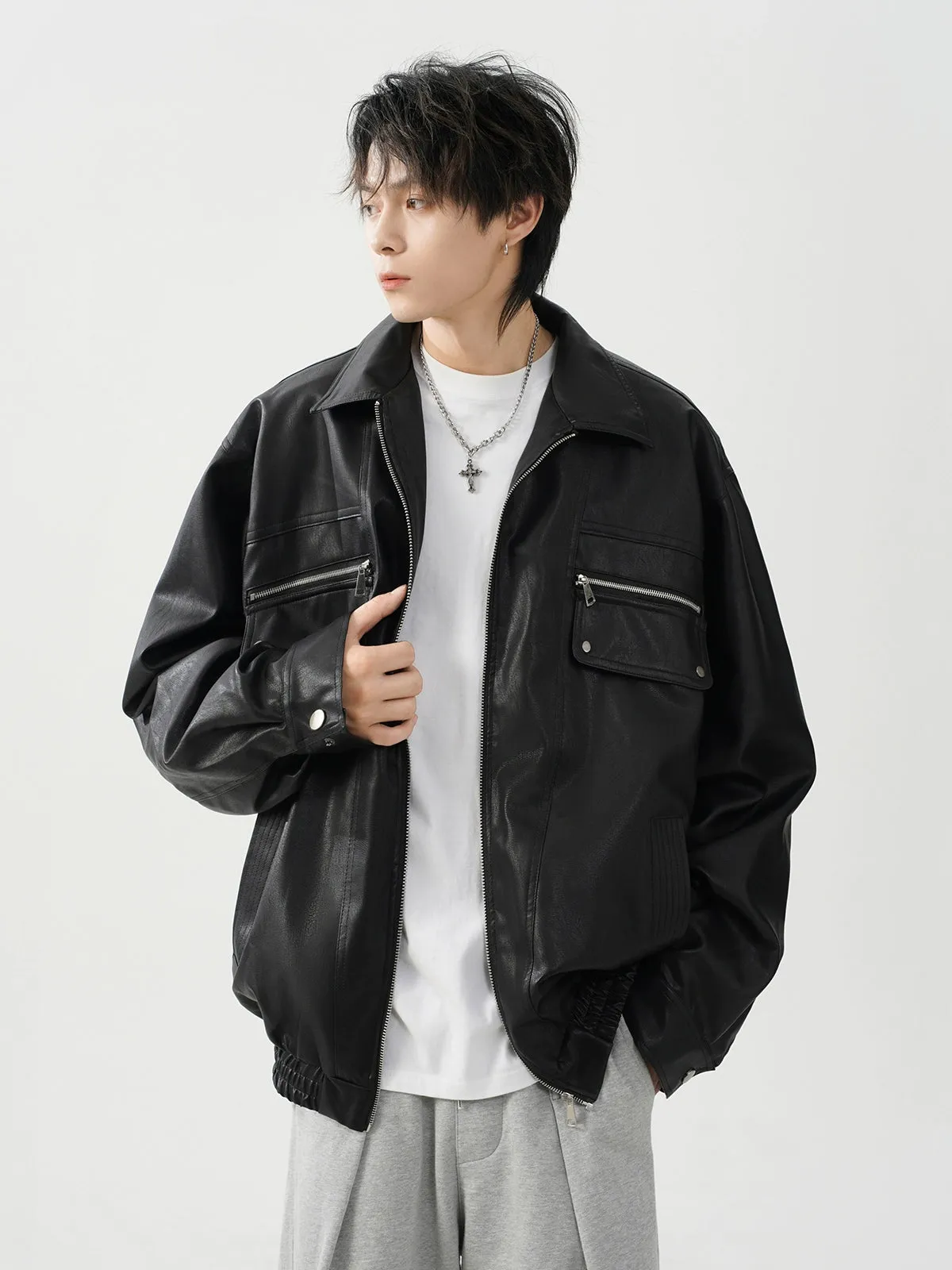 Oversized Leather Collared Bomber Jacket with Zip Pockets