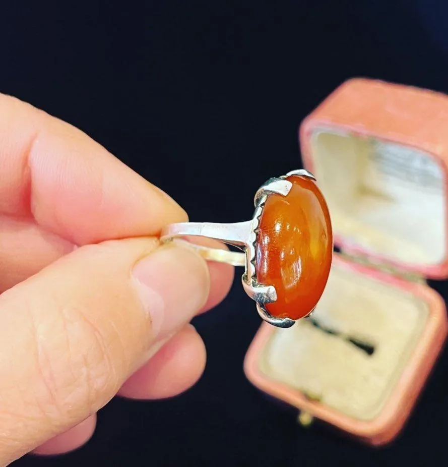 Vintage 1950s Sterling Silver Amber Ring