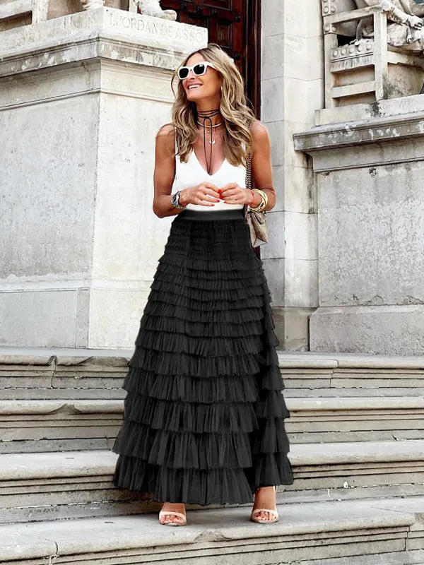 Women's Floor Length Mesh Layered Swing Skirt